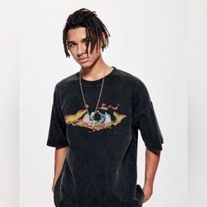 Aelfric Eden T-Shirt Black Acid-Wash Fiery Eye Graphic Streetwear Men's L